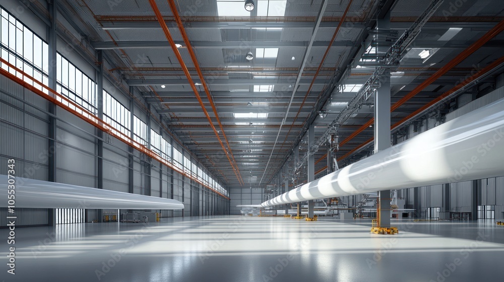 Industrial assembly line for large wind turbine blades, focusing on renewable energy production. Industrial assembly line for large wind turbine blades, focusing on renewable energy production.