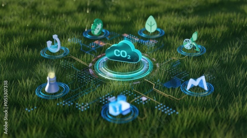 Cloud computing concept with CO2 symbols on green grass background.
