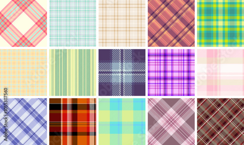 Gingham-inspired plaid patterns, great for textile, fabric, and shirt designs with rustic and British fashion vibes.