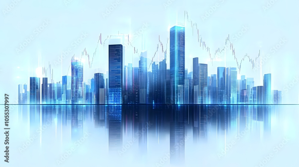 High-Tech Cityscape with Financial Analytics Overlay Featuring Skyscraper Skyline, Transparent Data Graphs in Blue Tones, Reflective and Futuristic Finance Theme in a Clean, Modern Visual Style High-Tech Cityscape with Financial Analytics Overlay Featuring Skyscraper Skyline, Transparent Data Graphs in Blue Tones, Reflective and Futuristic Finance Theme in a Clean, Modern Visual Style