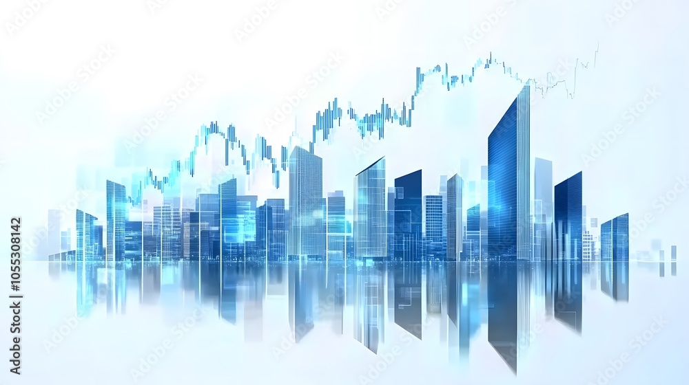 High-Tech Cityscape with Financial Analytics Overlay Featuring Skyscraper Skyline, Transparent Data Graphs in Blue Tones, Reflective and Futuristic Finance Theme in a Clean, Modern Visual Style High-Tech Cityscape with Financial Analytics Overlay Featuring Skyscraper Skyline, Transparent Data Graphs in Blue Tones, Reflective and Futuristic Finance Theme in a Clean, Modern Visual Style
