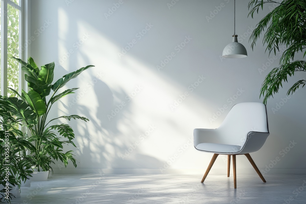 Fototapeta premium Bright and serene interior design featuring a white chair and lush greenery in a minimalist space