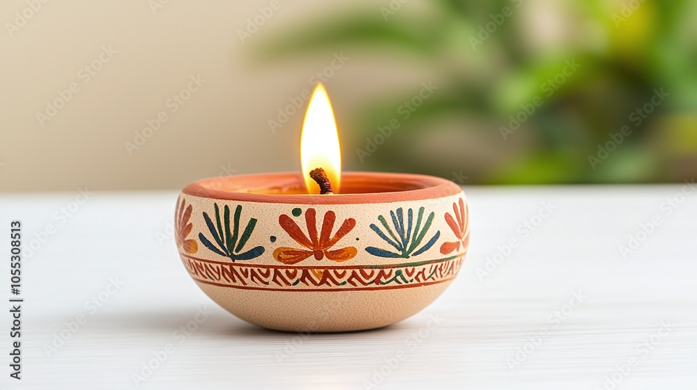 A beautifully decorated clay candle holder with a lit flame, creating a warm and inviting ambiance against a blurred green background. A beautifully decorated clay candle holder with a lit flame, creating a warm and inviting ambiance against a blurred green background.
