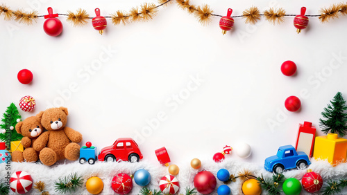 Festive holiday decorations with colorful toys and ornaments on a bright white background, capturing the spirit of Christmas cheer photo