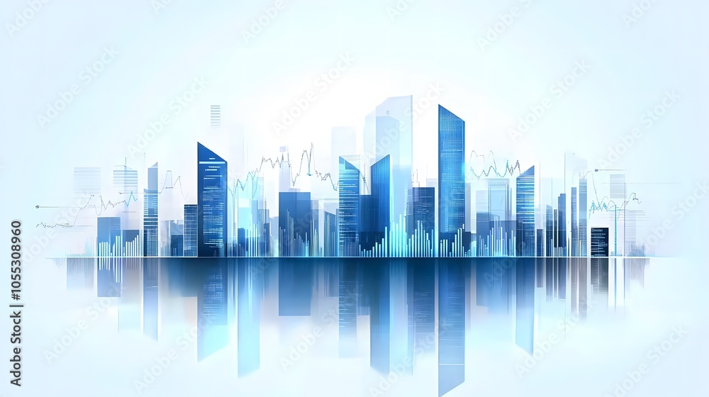 High-Tech Cityscape with Financial Analytics Overlay Featuring Skyscraper Skyline, Transparent Data Graphs in Blue Tones, Reflective and Futuristic Finance Theme in a Clean, Modern Visual Style