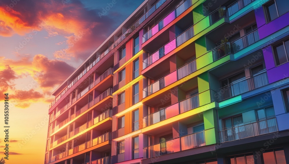 Obraz premium Modern Apartment Building Against a Vibrant Sunset