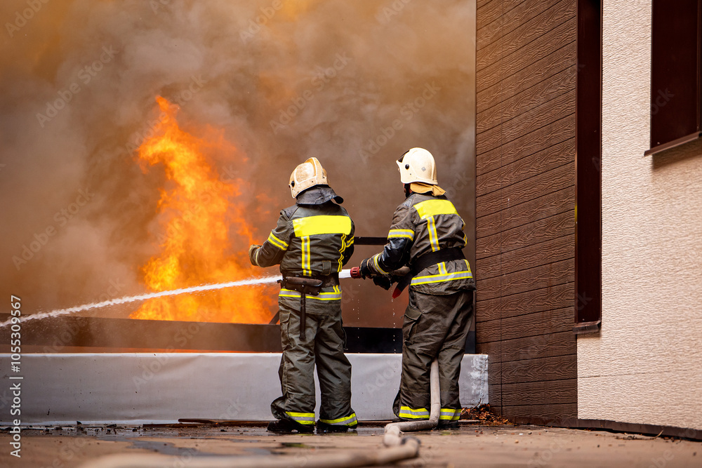 Fototapeta premium Fire incident in building. Action photo fireman team extinguishes burn with hose water