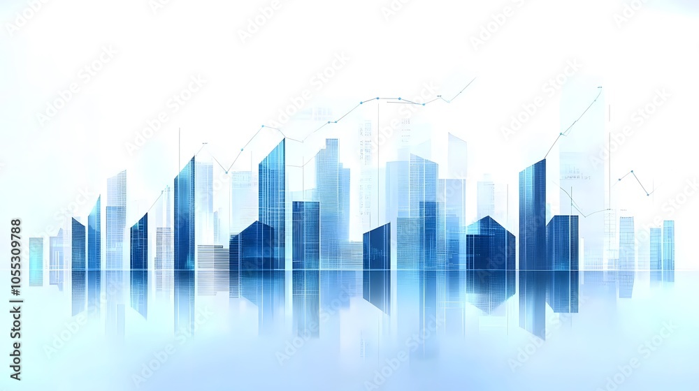 Urban Skyline with Abstract Data and Financial Growth Indicators Displayed in Soft Light with Blue and White Gradient, Representing Technological and Corporate Finance Visuals in a Minimalist Composit