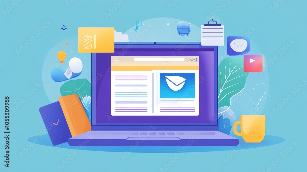Laptop with Open Email on Screen and Surrounding Elements Laptop with Open Email on Screen and Surrounding Elements