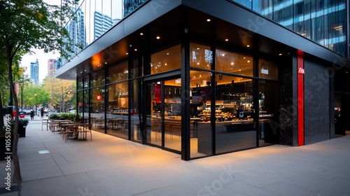 Modern cafe storefront with large windows and outdoor seating.