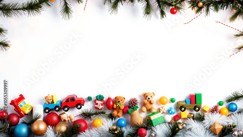 Festive holiday decorations with colorful toys and ornaments on a bright white background, capturing the spirit of Christmas cheer photo