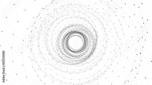 Futuristic vector sci-fi circle portal in space. 3D white ai tunnel with dots and lines. Abstract digital wormhole data. Flow particle by funnel. Fantasy circle vortex on dark background.