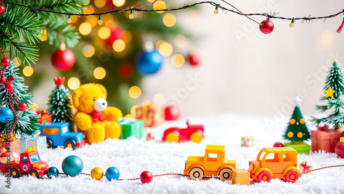 Festive holiday decorations with colorful toys and ornaments on a bright white background, capturing the spirit of Christmas cheer photo