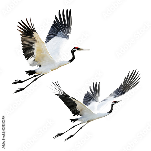 A pair of flying cranes isolated on transparent background