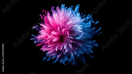 vibrant explosion of pink and blue colors resembling flower, creating stunning visual effect against black background. dynamic hues evoke sense of energy and beauty