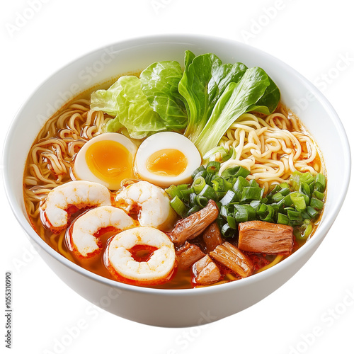 A bowl of ramen with shrimp, eggs, and meat in the middle, with green vegetables on top, against a transparent background