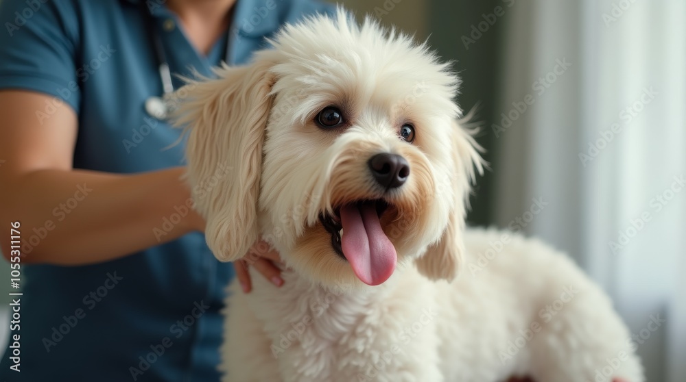 Fluffy white dog at veterinary appointment with tongue out. Close-up of happy pet