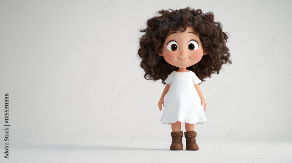 Cute Cartoon Girl in White Dress