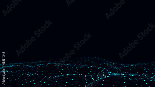 Abstract vector technology blue wave with motion glowing dots. Dark cyberspace in digital background. Connection big data. Futuristic wireframe texture. Dynamic analysis a network connection.