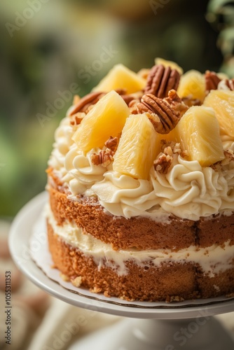 Wallpaper Mural A delicious layer cake topped with creamy frosting, pecans, and pineapple chunks displayed on a elegant stand in a cozy setting Torontodigital.ca