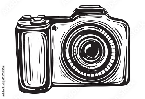 Camera engraving black and white outline. Vintage ink Hand drawn drawing sketch camera vector line art, illustration background