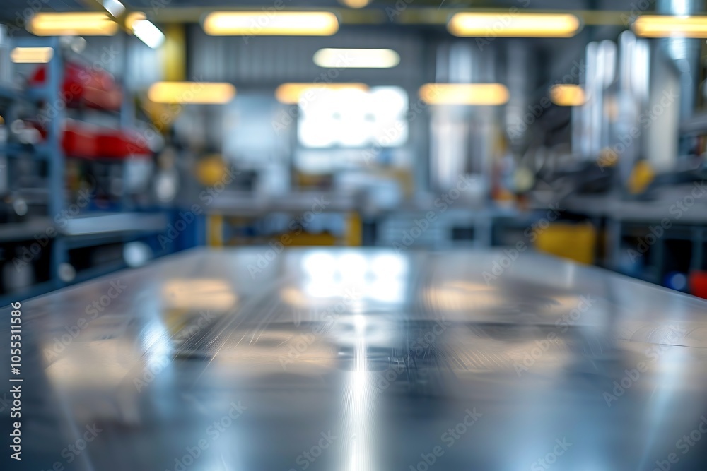 Industrial Metal Tabletop with Blurred Tools Background Industrial Metal Tabletop with Blurred Tools Background