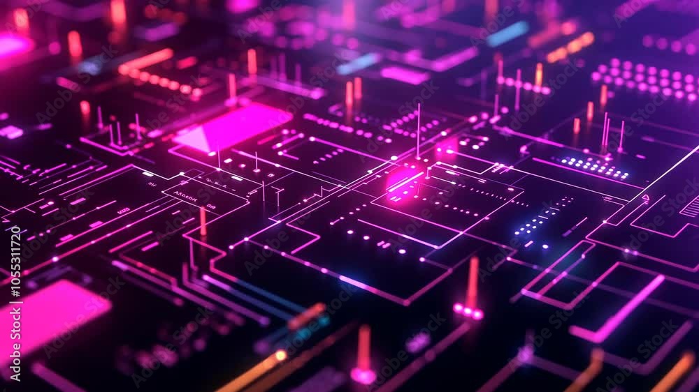 A close-up of a glowing circuit board, showcasing intricate patterns of pink and blue lines against a black background A close-up of a glowing circuit board, showcasing intricate patterns of pink and blue lines against a black background