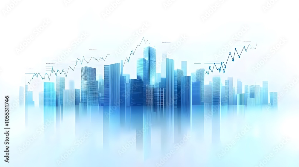 Modern Skyscrapers with Economic Growth Chart Overlays Representing Digital Finance and Analytics in Futuristic, Minimalist Blue and White Cityscape, Highlighting Business and Economic Growth Concepts Modern Skyscrapers with Economic Growth Chart Overlays Representing Digital Finance and Analytics in Futuristic, Minimalist Blue and White Cityscape, Highlighting Business and Economic Growth Concepts