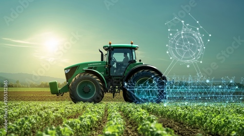 Modern tractor fueled by hydrogen, operating on farmland, highlighting sustainable agriculture technology