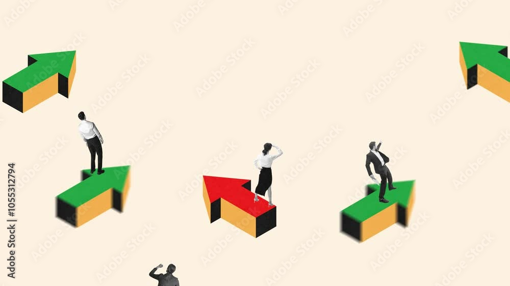 Motivated employees standing on arrows in various directions. Adaptivity to changes, innovative thinking. Stop motion, animation. Concept of business, teamwork, motivation, cooperation Motivated employees standing on arrows in various directions. Adaptivity to changes, innovative thinking. Stop motion, animation. Concept of business, teamwork, motivation, cooperation