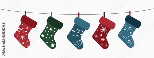 Christmas socking garland. Home decoration. Colorful socks for present. Merry Christmas vector illustration.