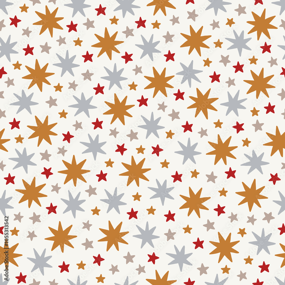 Christmas seamless pattern with colorful stars on white background. Perfect for wallpaper, gift paper, winter greeting cards. Vector illustration Christmas seamless pattern with colorful stars on white background. Perfect for wallpaper, gift paper, winter greeting cards. Vector illustration