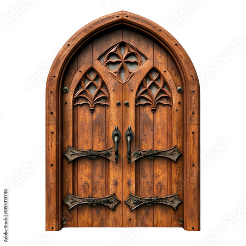 Ornate wooden door with Gothic design, on transparent background.