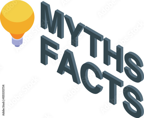 Isometric view of myths versus facts concept with light bulb, representing the importance of separating truth from fiction
