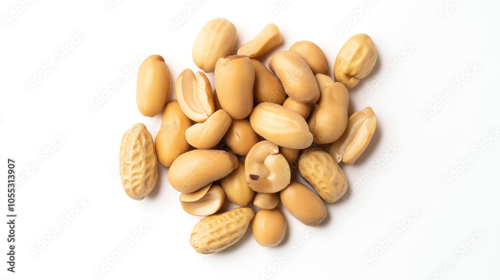Pile of roasted and shelled peanuts on a white background, showcasing their brown color and smooth texture. Pile of roasted and shelled peanuts on a white background, showcasing their brown color and smooth texture.