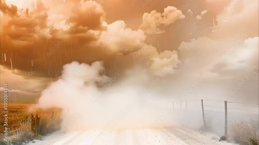A dirt road extends through a rural landscape under dramatic clouds and rain, creating a moody, atmospheric scene.
