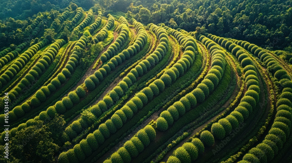 Fototapeta premium Rubber plantations in Thailand, organized rows of rubber trees in an eco-friendly farming setup.