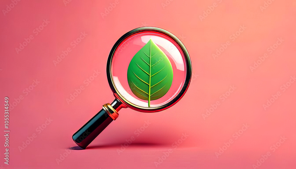 A magnifying glass focuses on a vibrant green leaf against a pink background, highlighting the beauty of nature and detail.