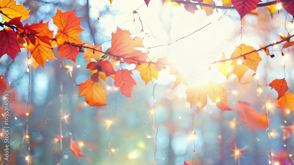 Enchanting autumn leaves with twinkling lights in a mystical forest Enchanting autumn leaves with twinkling lights in a mystical forest