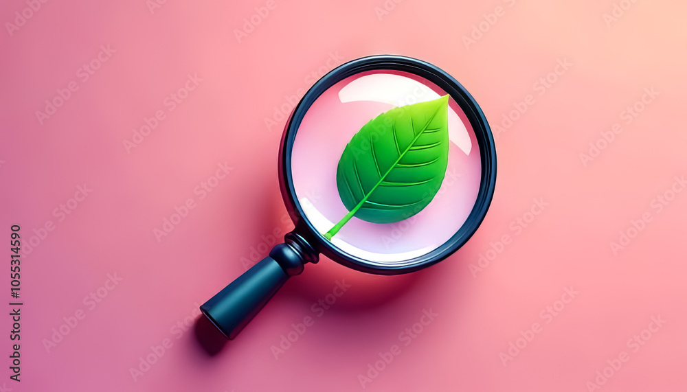 A magnifying glass focuses on a green leaf against a pink background, symbolizing nature and exploration. A magnifying glass focuses on a green leaf against a pink background, symbolizing nature and exploration.