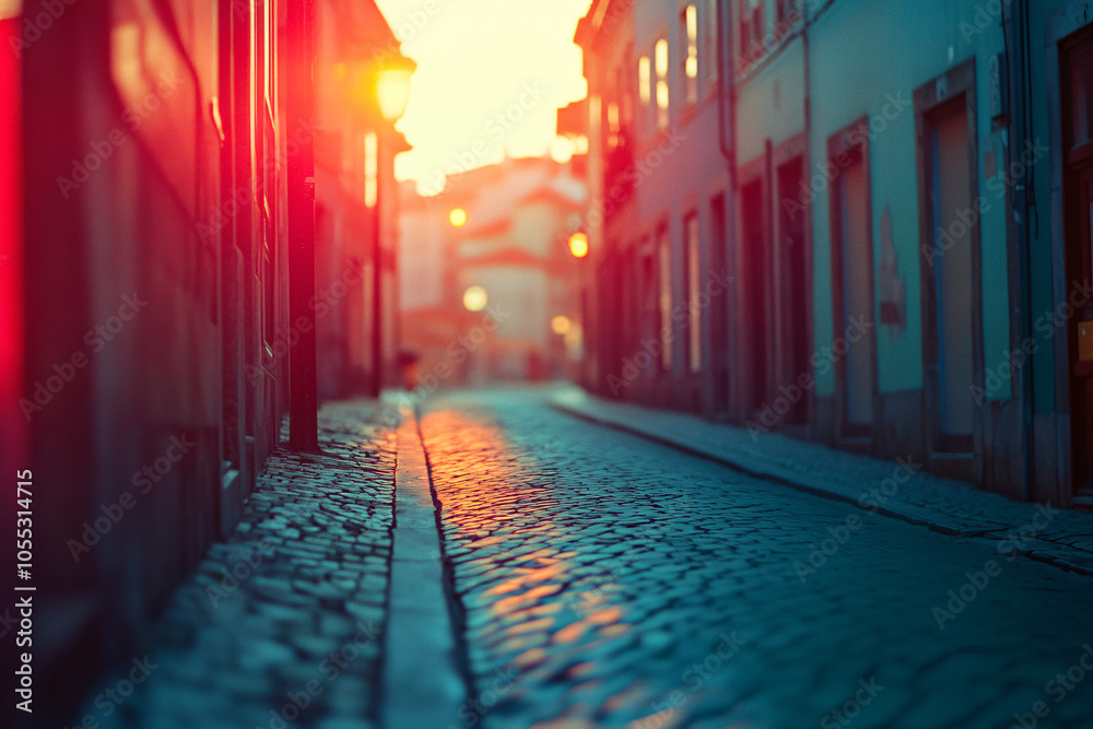 Naklejka premium A quiet street with cobblestones reflecting red sunlight from the setting sun creating a warm atmospheric evening mood 