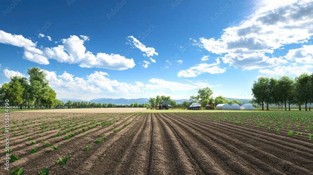 Rural farm using precision equipment for efficient seeding and water management. Rural farm using precision equipment for efficient seeding and water management.