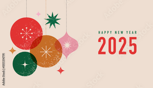 Merry Christmas and Happy New Year 2025. Abstract vintage background with typography , minimalist Christmas decorations, trees and ornaments elements. Retro hand drawn vector illustration