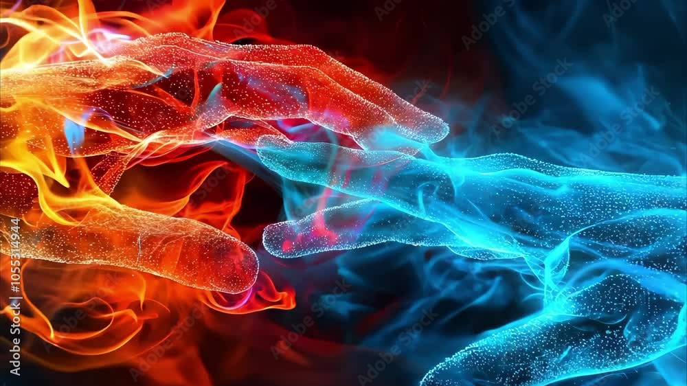 Two hands reaching towards each other, one composed of flames and the other of cool, glowing blue energy.