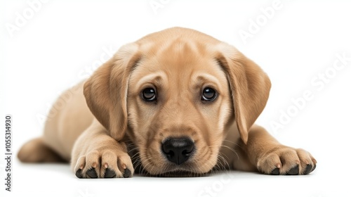 Golden Labrador Retriever puppy lying down with paws stretched out, staring directly with large eyes, on a white background