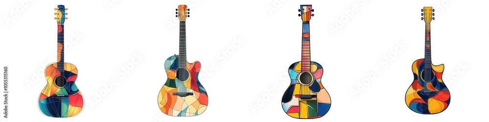 Naklejka premium Watercolor Music Theme A collection of colorful acoustic guitars displaying vibrant artistic designs on a white isolated background.