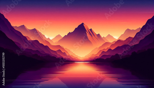 Vibrant Sunset Over Majestic Mountains and Water