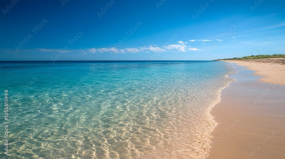 A beach with soft golden sand and crystal-clear water stretching into the distance A beach with soft golden sand and crystal-clear water stretching into the distance