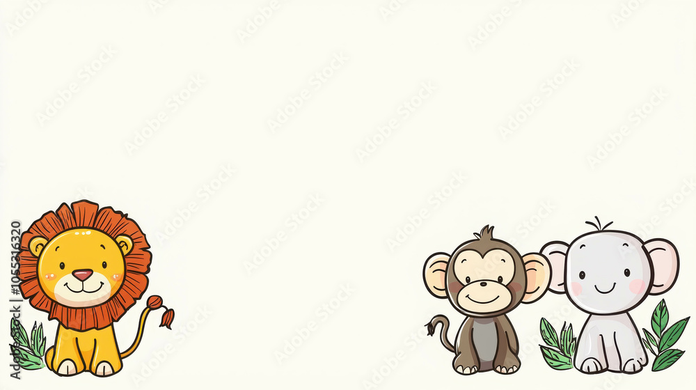 Cute Jungle Friends: A playful and adorable illustration of a lion, monkey, and elephant, perfect for children's books, cards, or any project needing a touch of jungle charm. Cute Jungle Friends: A playful and adorable illustration of a lion, monkey, and elephant, perfect for children's books, cards, or any project needing a touch of jungle charm.
