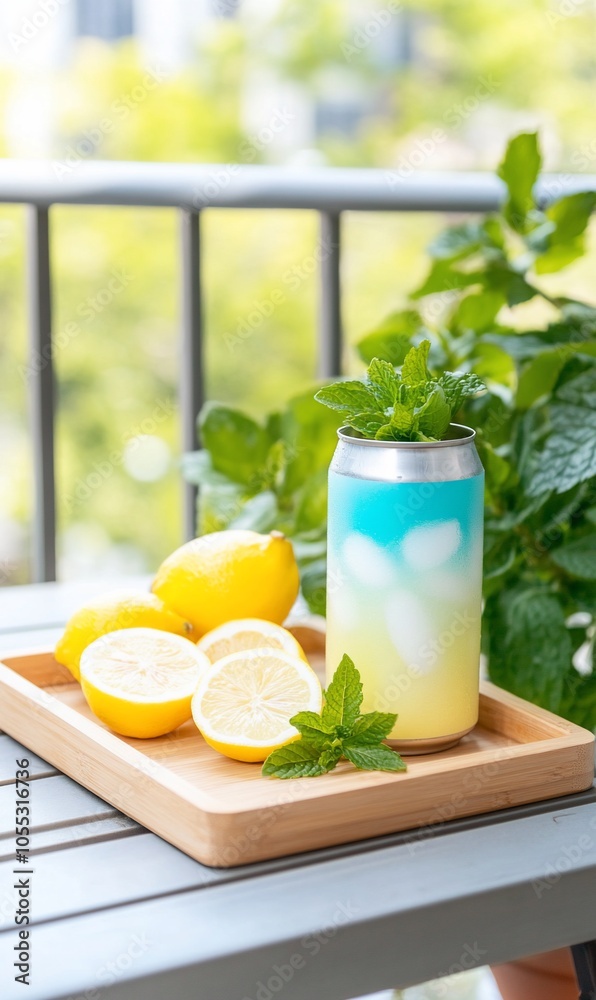Refreshing lemonade drink in a can with lemons and mint on a wooden tray. Refreshing lemonade drink in a can with lemons and mint on a wooden tray.